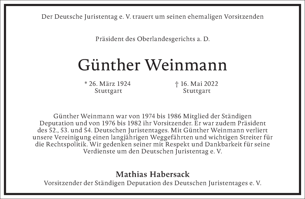  Traueranzeige für Günther Weinmann vom 21.05.2022 aus Frankfurter Allgemeine Zeitung