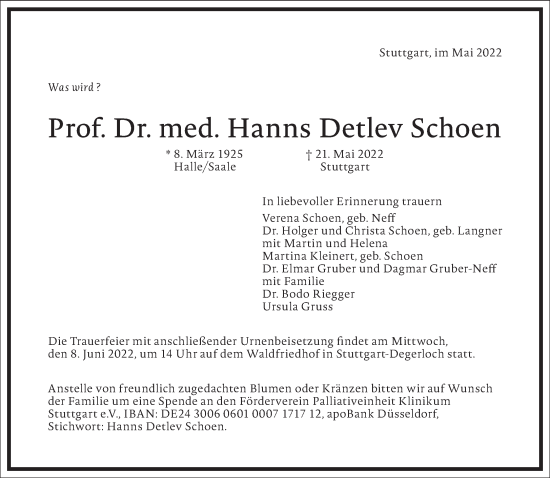 Traueranzeige von Hanns Detlev Schoen von Frankfurter Allgemeine Zeitung