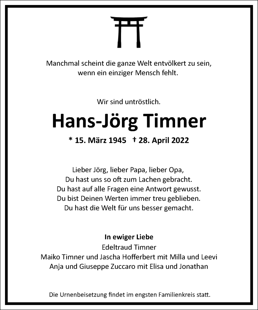  Traueranzeige für Hans-Jörg Timner vom 14.05.2022 aus Frankfurter Allgemeine Zeitung