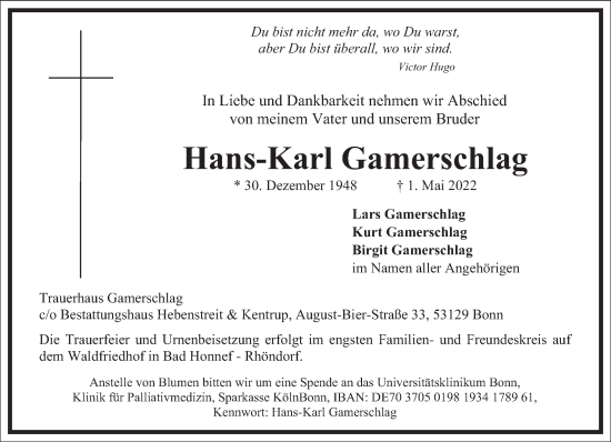 Traueranzeige von Hans-Karl Gamerschlag von Frankfurter Allgemeine Zeitung