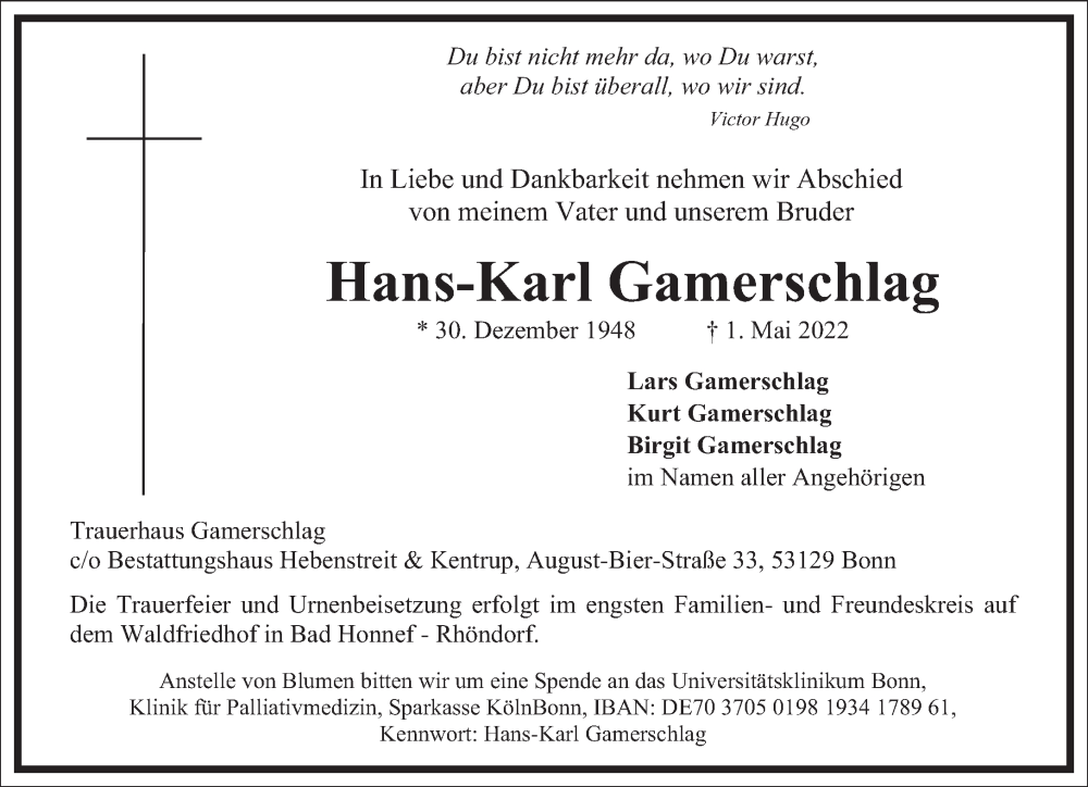  Traueranzeige für Hans-Karl Gamerschlag vom 07.05.2022 aus Frankfurter Allgemeine Zeitung