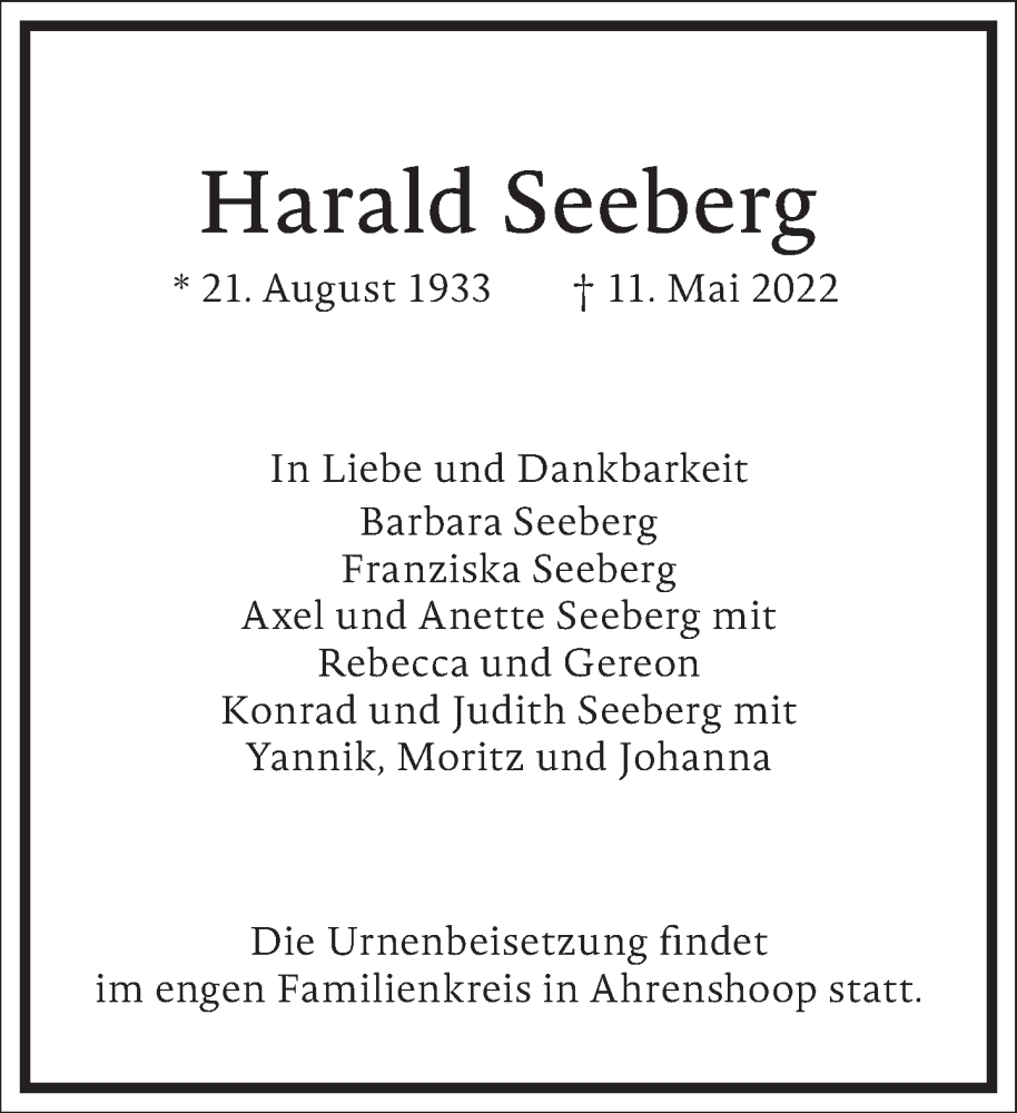  Traueranzeige für Harald Seeberg vom 14.05.2022 aus Frankfurter Allgemeine Zeitung