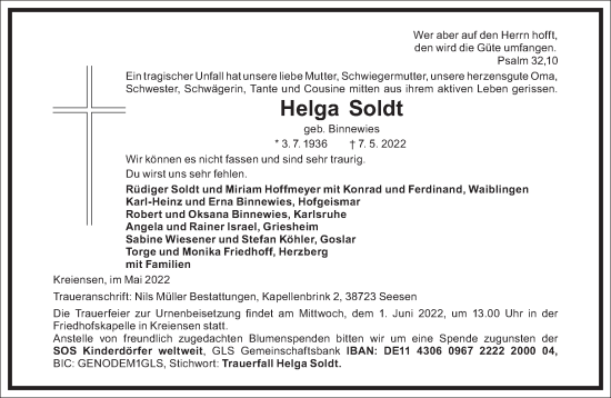 Traueranzeige von Helga Soldt von Frankfurter Allgemeine Zeitung