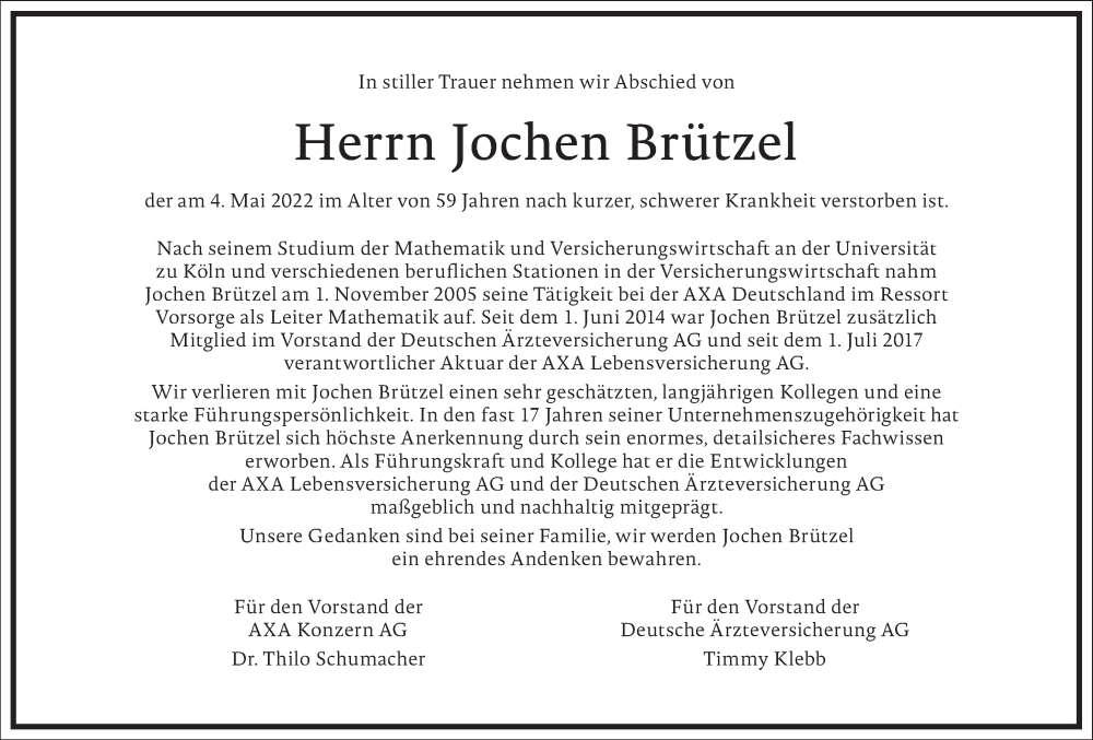  Traueranzeige für Jochen Brützel vom 14.05.2022 aus Frankfurter Allgemeine Zeitung