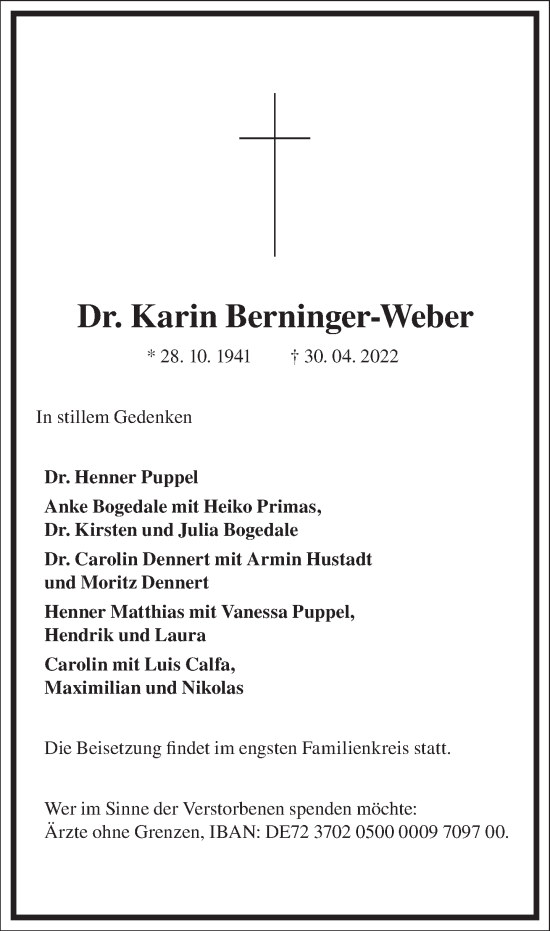 Traueranzeige von Karin Berninger-Weber von Frankfurter Allgemeine Zeitung