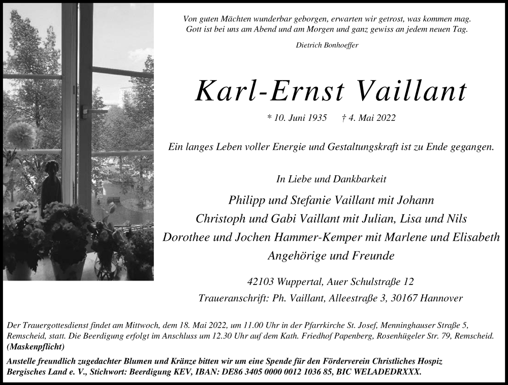  Traueranzeige für Karl-Ernst Vaillant vom 14.05.2022 aus Frankfurter Allgemeine Zeitung