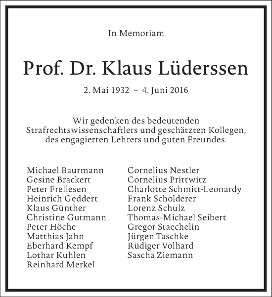 Traueranzeige von Klaus Lüderssen von Frankfurter Allgemeine Zeitung