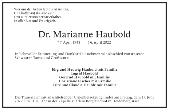 Traueranzeige von Marianne Haubold von Frankfurter Allgemeine Zeitung