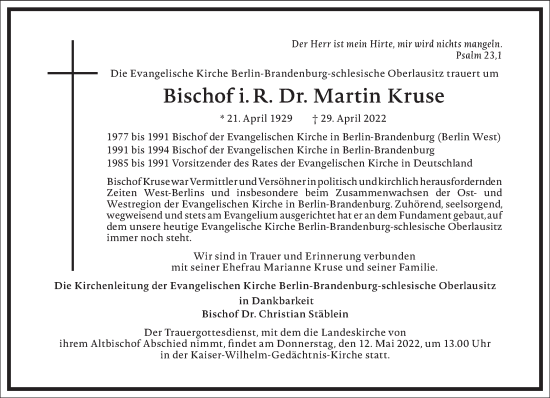 Traueranzeige von Martin Kruse von Frankfurter Allgemeine Zeitung
