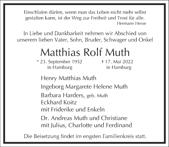 Traueranzeige von Matthias Rolf Muth von Frankfurter Allgemeine Zeitung