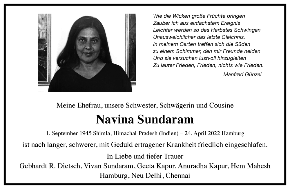  Traueranzeige für Navina Sundaram vom 14.05.2022 aus Frankfurter Allgemeine Zeitung