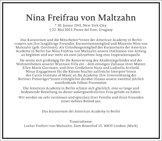 Traueranzeige von Nina Freifrau von Maltzahn von Frankfurter Allgemeine Zeitung