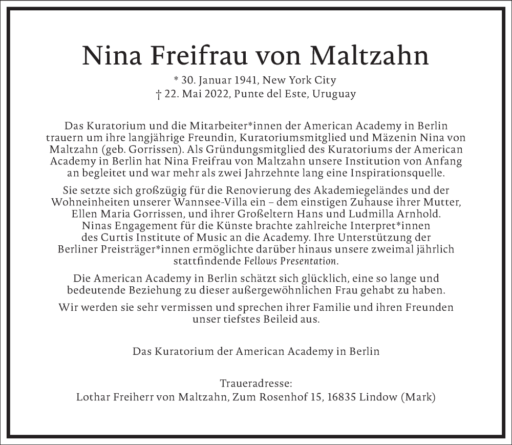  Traueranzeige für Nina Freifrau von Maltzahn vom 28.05.2022 aus Frankfurter Allgemeine Zeitung
