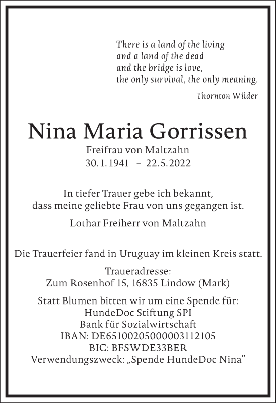 Traueranzeige von Nina Maria Gorrissen von Frankfurter Allgemeine Zeitung