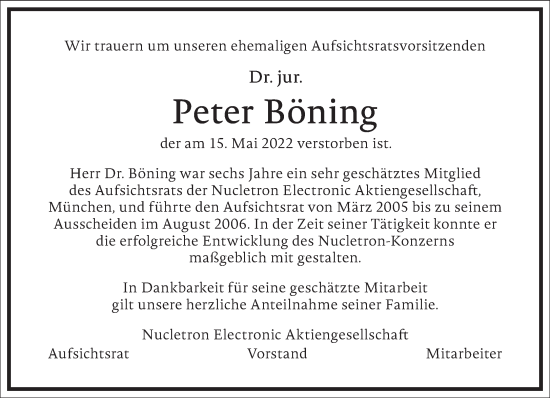 Traueranzeige von Peter Böning von Frankfurter Allgemeine Zeitung