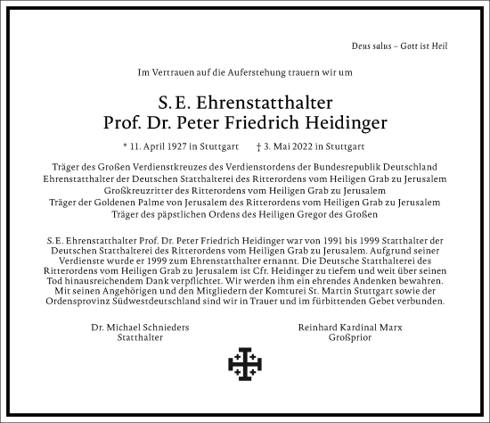 Traueranzeige von Peter Friedrich Heidinger von Frankfurter Allgemeine Zeitung