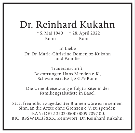 Traueranzeige von Reinhard Kukahn von Frankfurter Allgemeine Zeitung