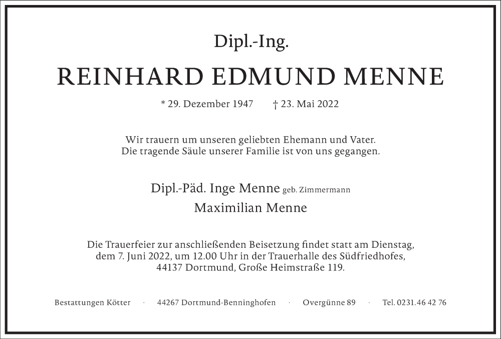  Traueranzeige für Reinhard Edmund Menne vom 28.05.2022 aus Frankfurter Allgemeine Zeitung