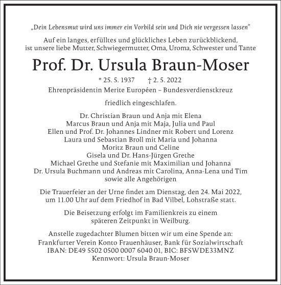 Traueranzeige von Ursula Braun-Moser von Frankfurter Allgemeine Zeitung