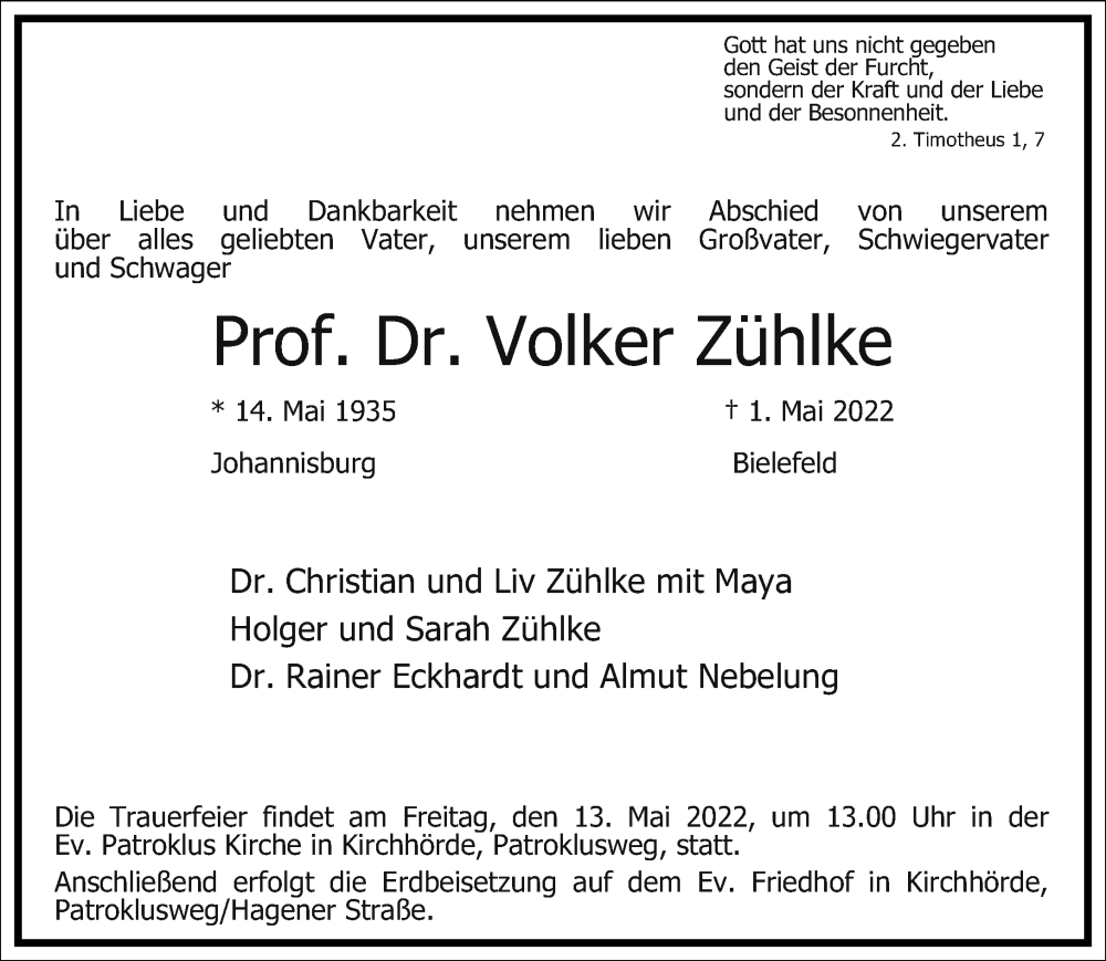  Traueranzeige für Volker Zühlke vom 10.05.2022 aus Frankfurter Allgemeine Zeitung