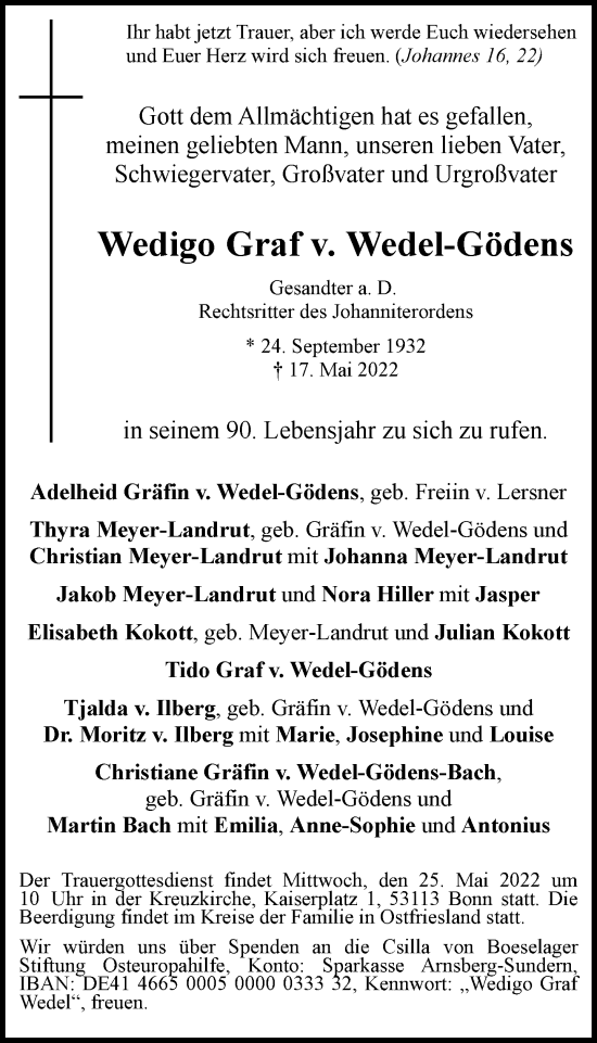 Traueranzeige von Wedigo Graf v. Wedel-Gödens von Frankfurter Allgemeine Zeitung