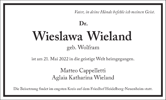 Traueranzeige von Wieslawa Wieland von Frankfurter Allgemeine Zeitung