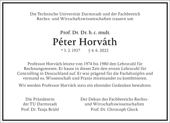 Traueranzeige von Péter Horváth von FRANKFURTER ALLGEMEINE ZEITUNG