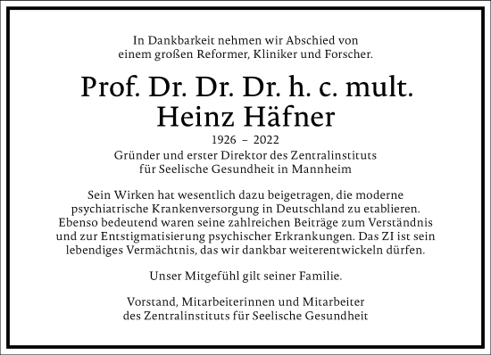 Traueranzeige von Heinz Häfner von Frankfurter Allgemeine Zeitung
