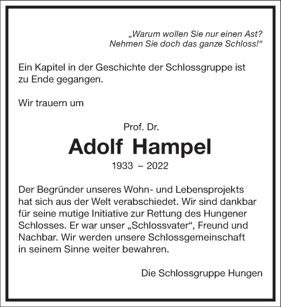 Traueranzeige von Adolf Hampel von Frankfurter Allgemeine Zeitung