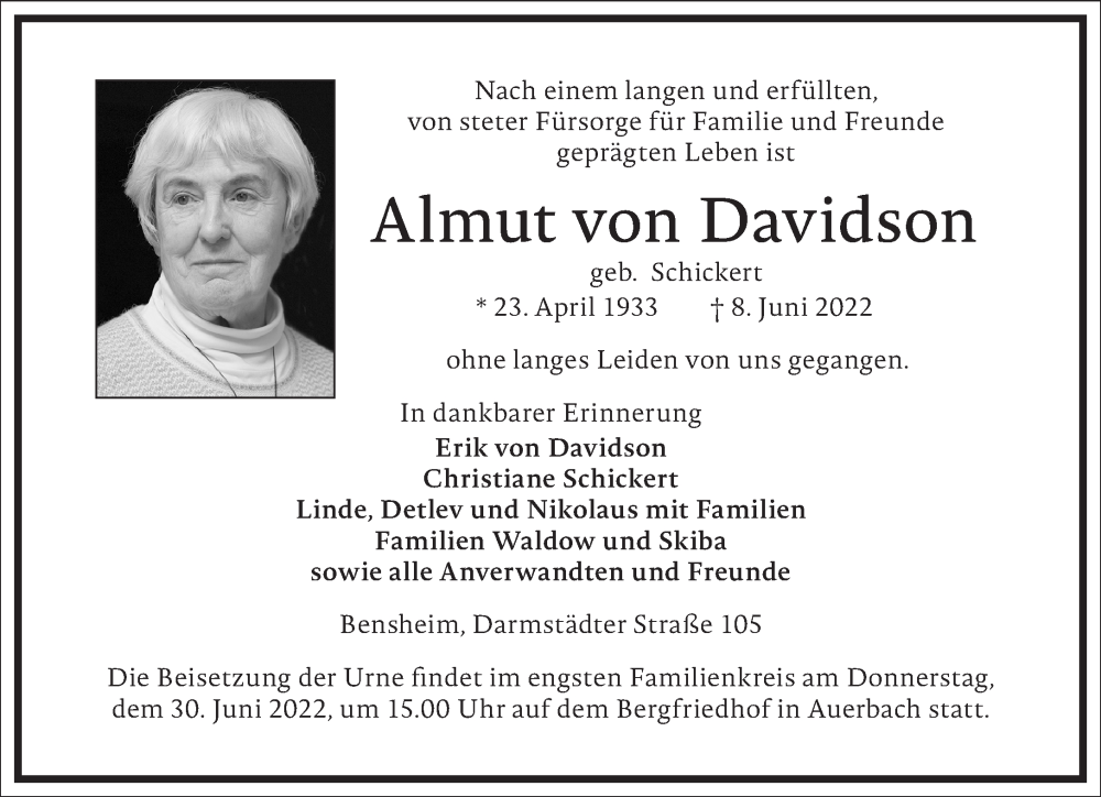  Traueranzeige für Almut von Davidson vom 18.06.2022 aus Frankfurter Allgemeine Zeitung