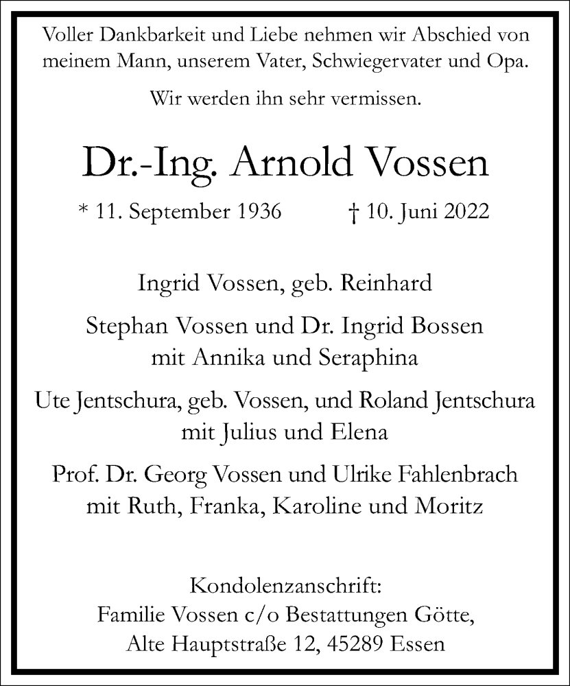  Traueranzeige für Arnold Vossen vom 18.06.2022 aus Frankfurter Allgemeine Zeitung