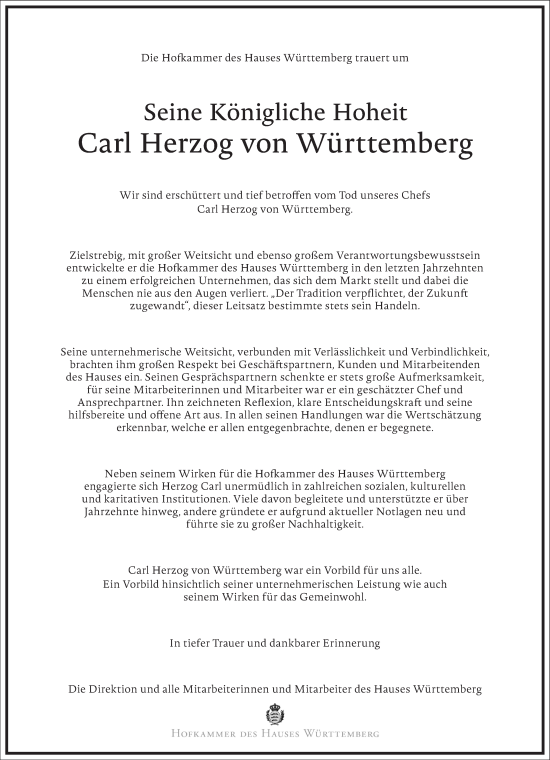Traueranzeige von Carl Herzog von Württemberg von Frankfurter Allgemeine Zeitung