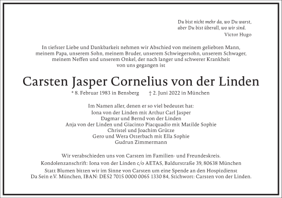 Traueranzeige von Carsten Jasper Cornelius von der Linden von Frankfurter Allgemeine Zeitung