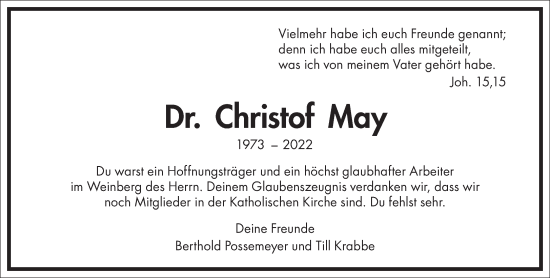 Traueranzeige von Christof May von Frankfurter Allgemeine Zeitung
