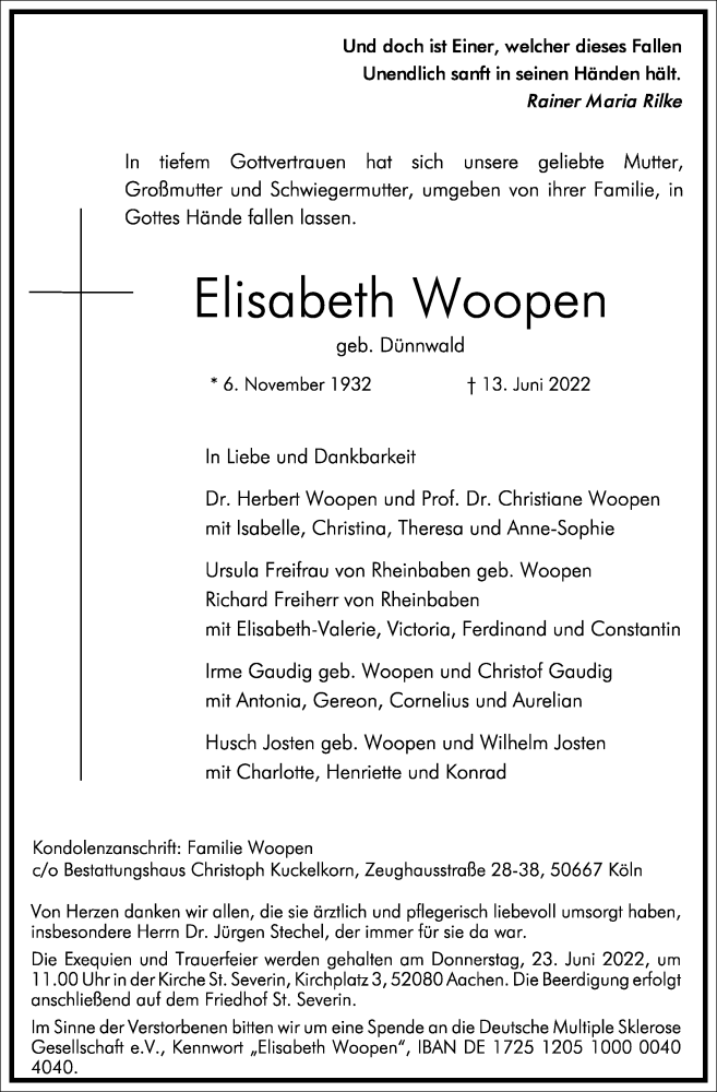  Traueranzeige für Elisabeth Woopen vom 18.06.2022 aus Frankfurter Allgemeine Zeitung