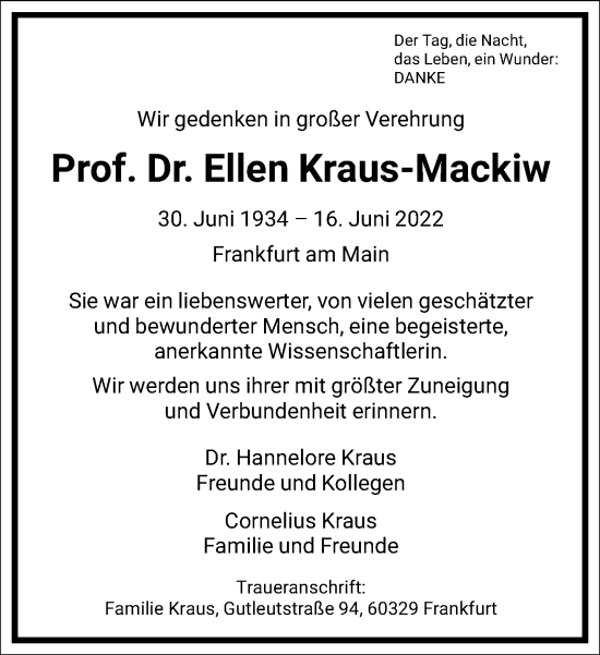 Traueranzeige von Ellen Kraus-Mackiw von Frankfurter Allgemeine Zeitung