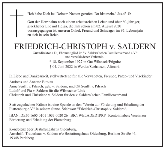 Traueranzeige von Friedrich Christoph v. Saldern von Frankfurter Allgemeine Zeitung