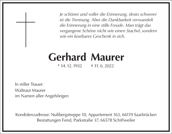 Traueranzeige von Gerhard Maurer von Frankfurter Allgemeine Zeitung