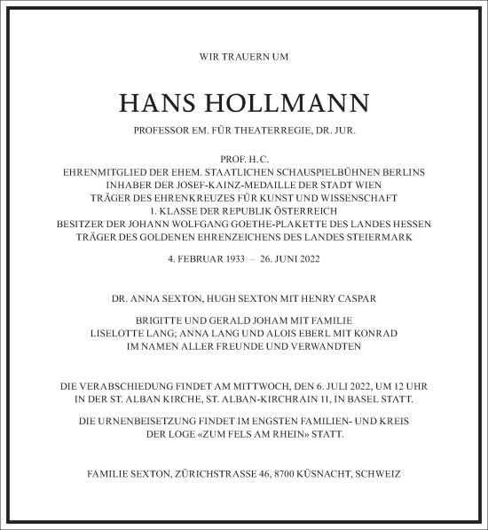 Traueranzeige von Hans Hollmann von Frankfurter Allgemeine Zeitung