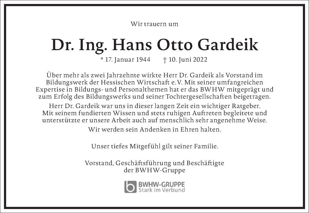  Traueranzeige für Hans Otto Gardeik vom 18.06.2022 aus Frankfurter Allgemeine Zeitung