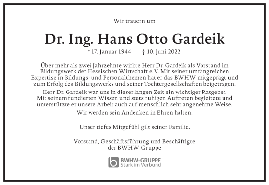 Traueranzeige von Hans Otto Gardeik von Frankfurter Allgemeine Zeitung