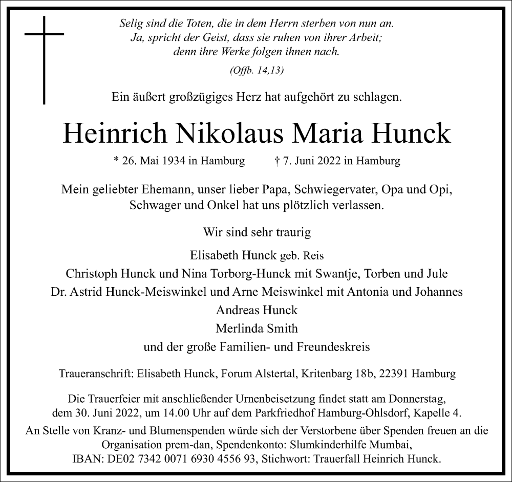  Traueranzeige für Heinrich Nikolaus Maria Hunck vom 18.06.2022 aus Frankfurter Allgemeine Zeitung