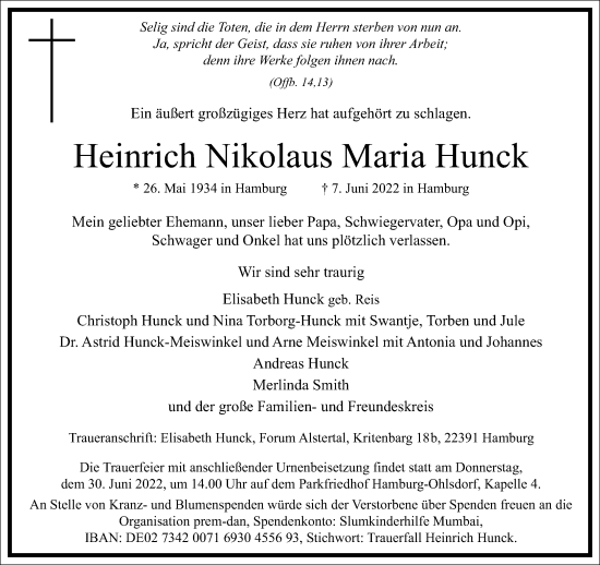 Traueranzeige von Heinrich Nikolaus Maria Hunck von Frankfurter Allgemeine Zeitung