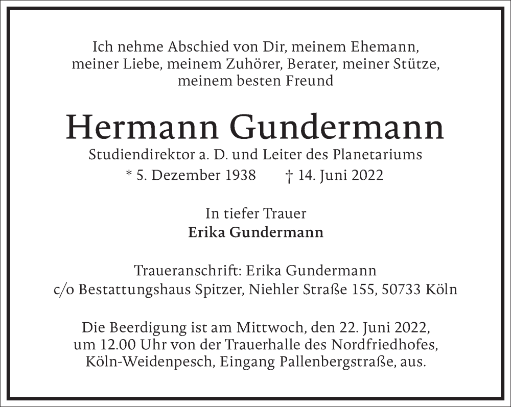  Traueranzeige für Hermann Gundermann vom 18.06.2022 aus Frankfurter Allgemeine Zeitung