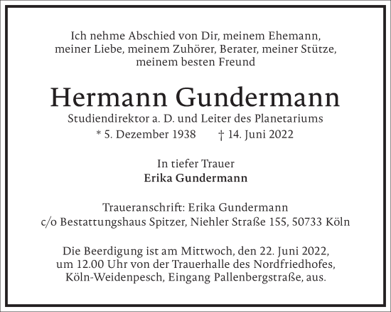 Traueranzeige von Hermann Gundermann von Frankfurter Allgemeine Zeitung