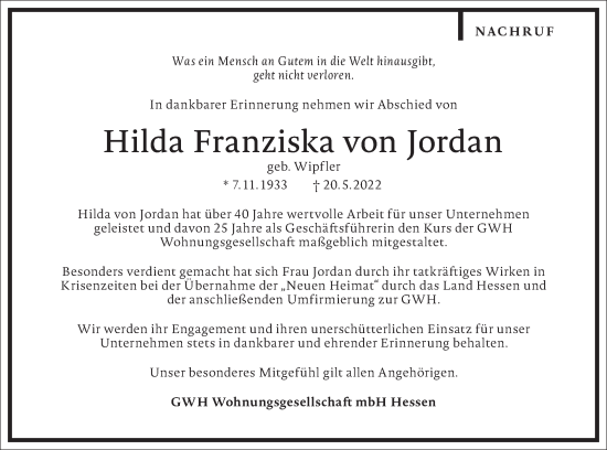 Traueranzeige von Hilda Franziska von Jordan von Frankfurter Allgemeine Zeitung