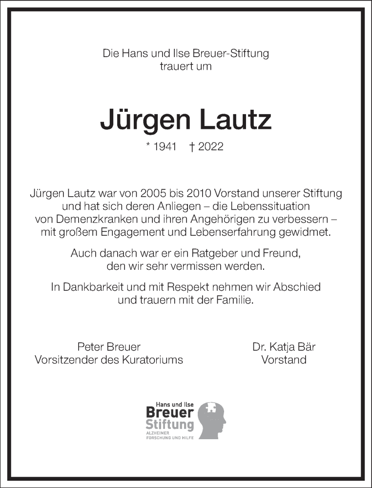  Traueranzeige für Jürgen Lautz vom 17.06.2022 aus Frankfurter Allgemeine Zeitung