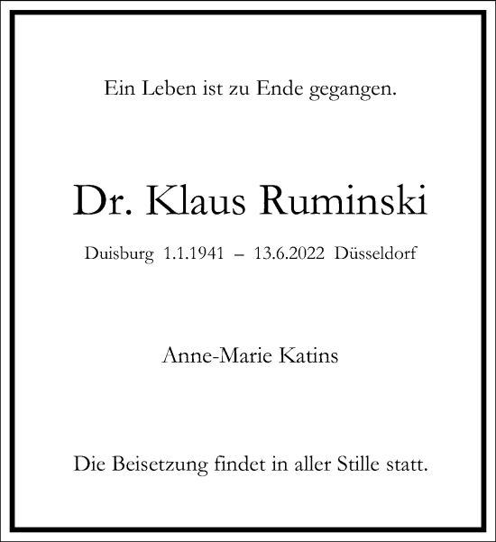 Traueranzeige von Klaus Ruminski von Frankfurter Allgemeine Zeitung