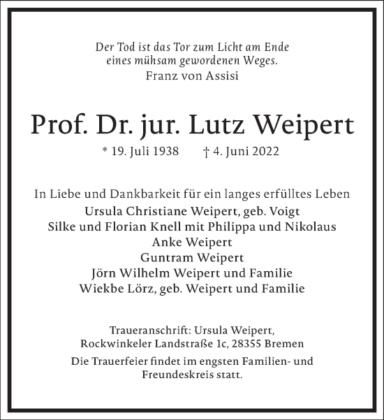 Traueranzeige von Lutz Weipert von Frankfurter Allgemeine Zeitung