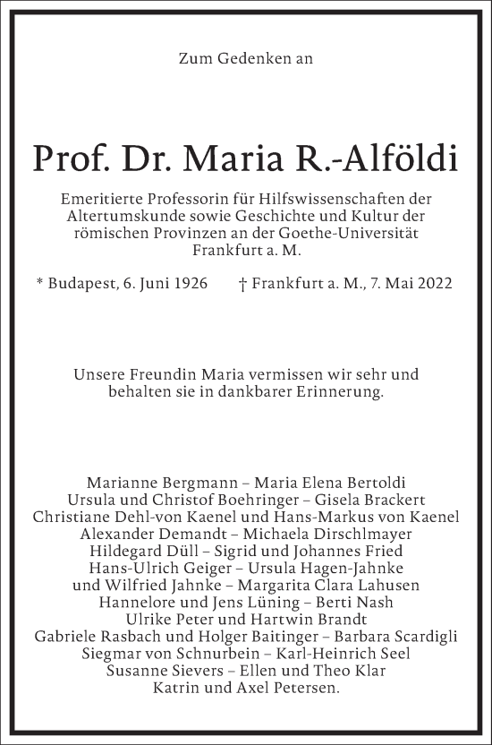 Traueranzeige von Maria R.-Alföldi von Frankfurter Allgemeine Zeitung